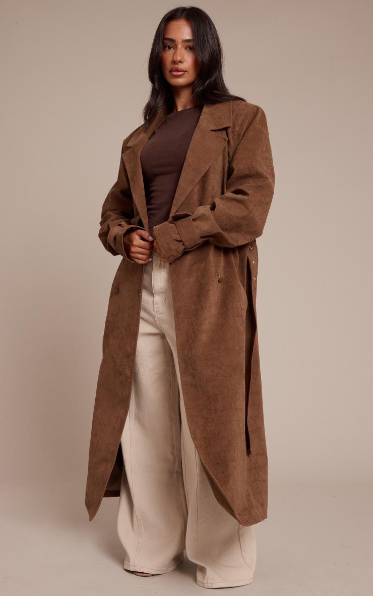 Pretty Little Thing Petite Chocolate Croc Suede Trench Coat