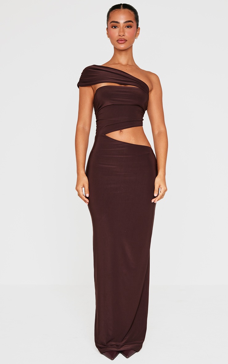 Pretty Little Thing Petite Chocolate Cut Out Slinky Maxi Dress