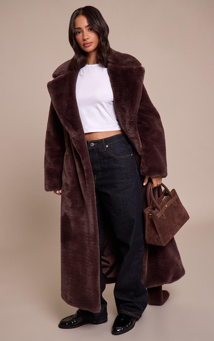 Pretty Little Thing Petite Chocolate Faux Fur Tie Waist Maxi Coat