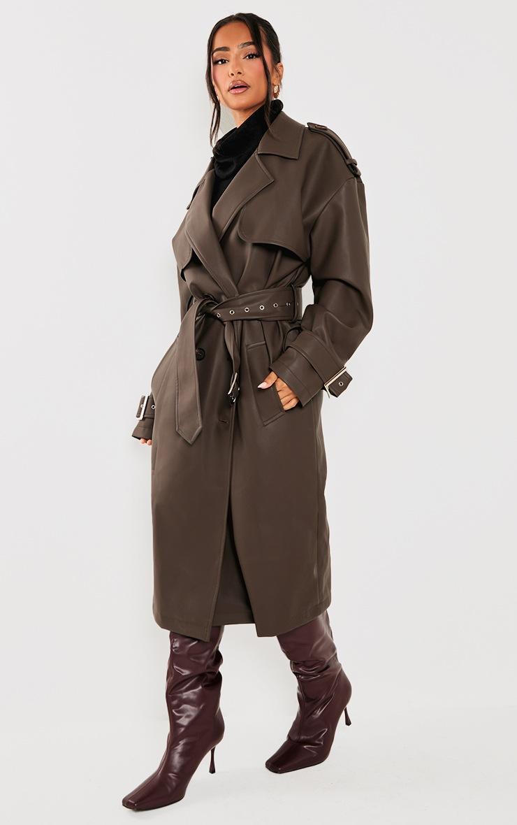 Pretty Little Thing Petite Chocolate Faux Leather Buckle Trench Coat