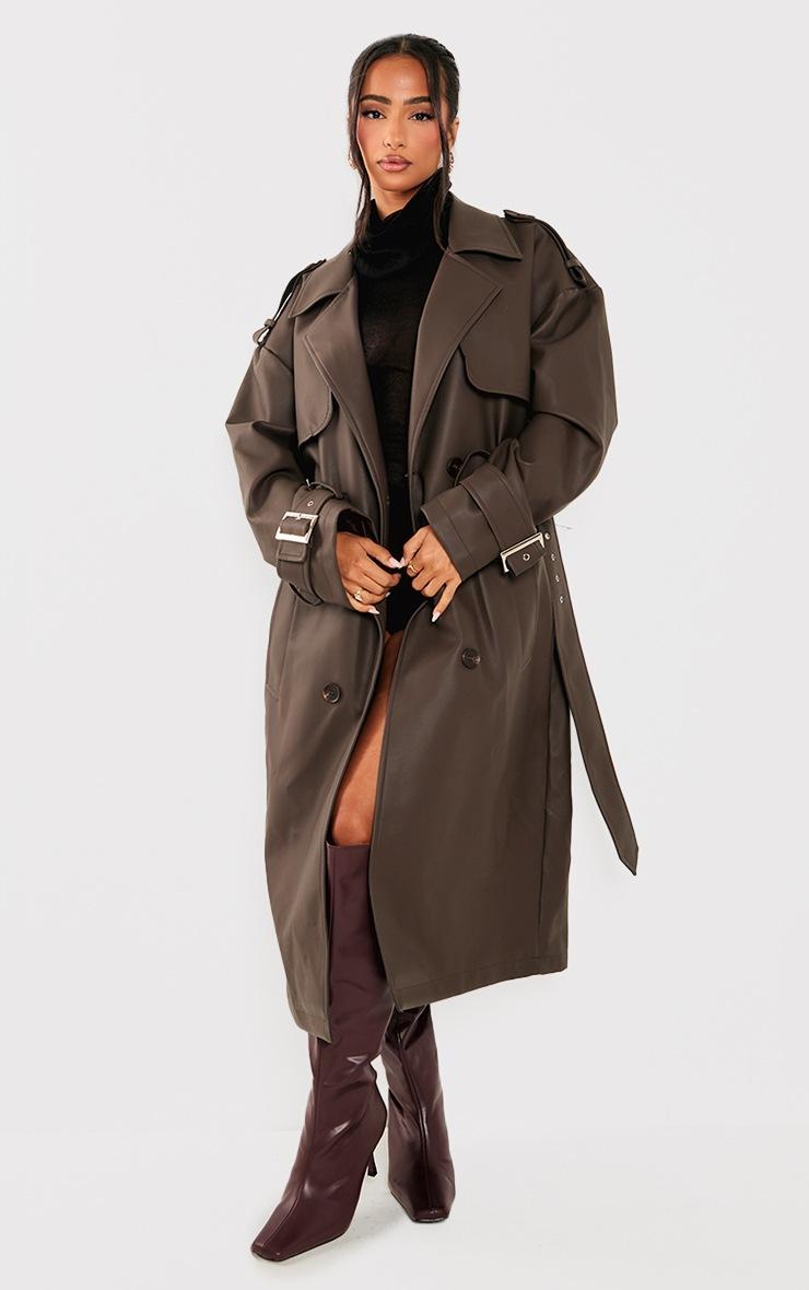 Pretty Little Thing Petite Chocolate Faux Leather Buckle Trench Coat