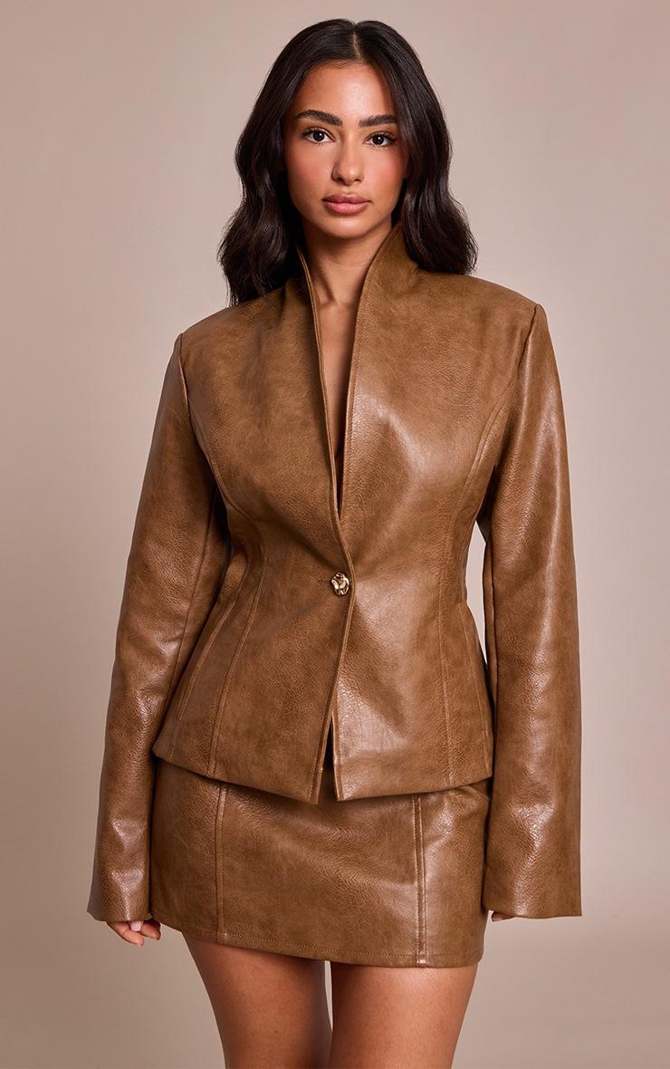 Pretty Little Thing Petite Chocolate Faux Leather Collarless Cinched Blazer