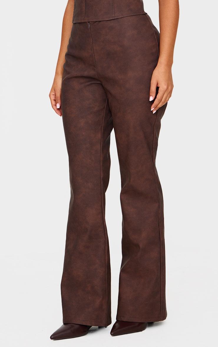 Pretty Little Thing Petite Chocolate Faux Leather Zip Front Flared Pants