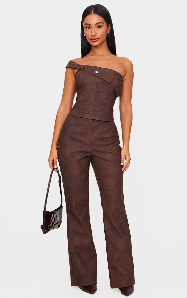 Pretty Little Thing Petite Chocolate Faux Leather Zip Front Flared Pants