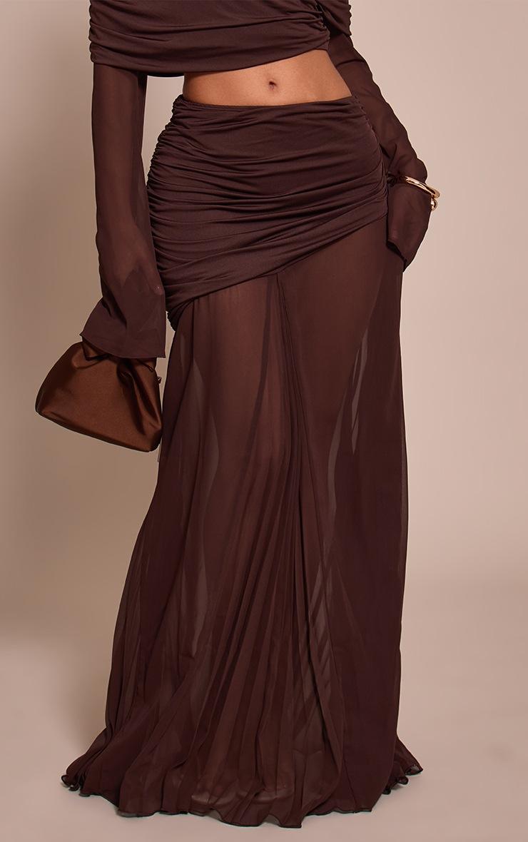 Pretty Little Thing Petite Chocolate Godet Pleat Sheer Maxi Skirt