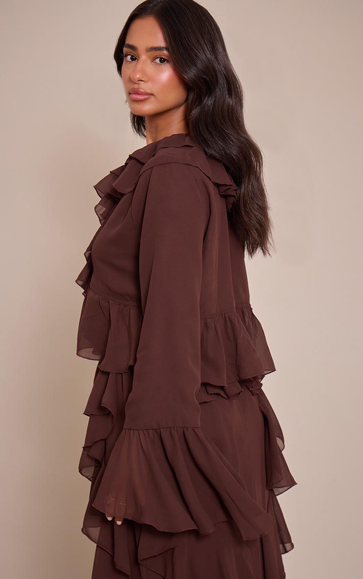 Pretty Little Thing Petite Chocolate Ruffle Detail Long Sleeve Tie Top
