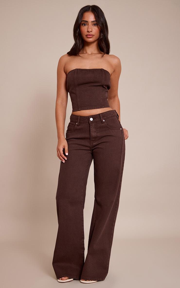 Pretty Little Thing Petite Chocolate Wide Leg Side Seam Detail Jeans
