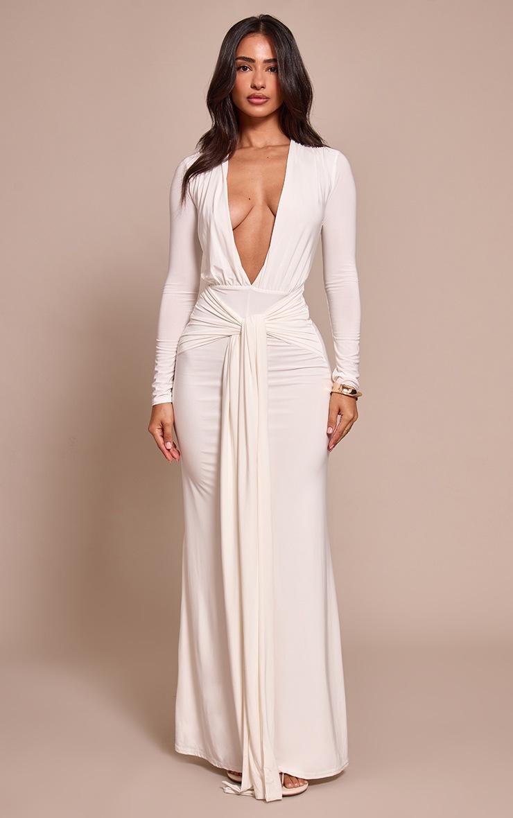 Pretty Little Thing Petite Cream Double Layer Slinky Long Sleeve Ruched Tie Front Maxi Dress
