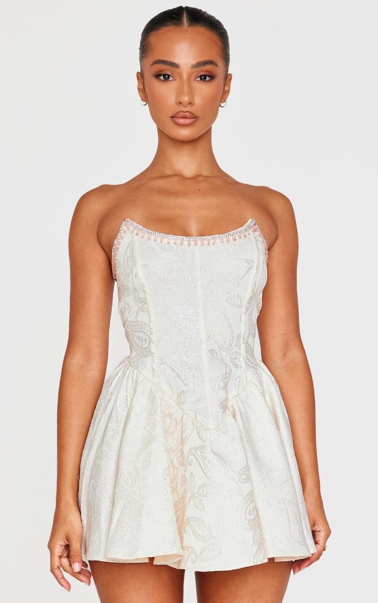 Pretty Little Thing Petite Cream Embellished Bandeau Micro Mini Dress