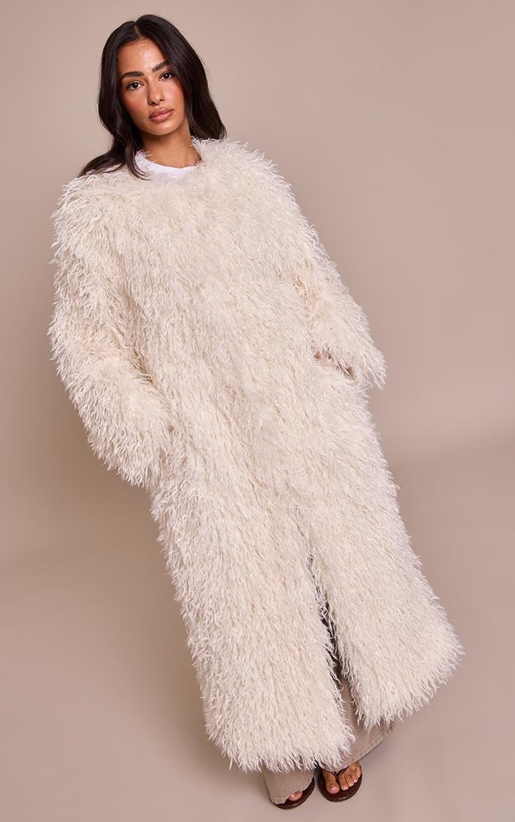 Pretty Little Thing Petite Cream Faux Mongolian Fur Collarless Maxi Coat