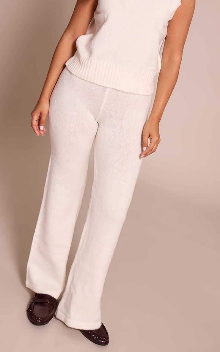 Pretty Little Thing Petite Cream Knit High Waist Wide Leg Pants