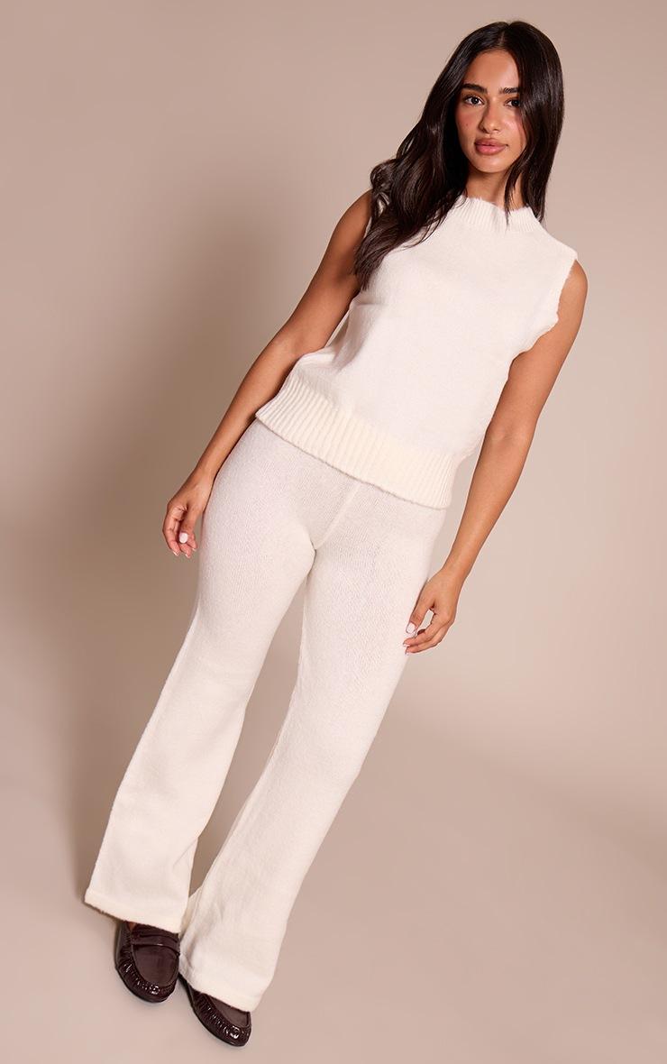 Pretty Little Thing Petite Cream Knit High Waist Wide Leg Pants