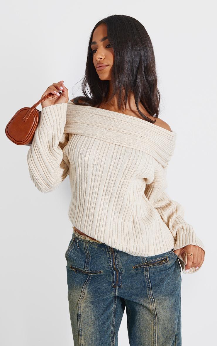 Pretty Little Thing Petite Cream Off The Shoulder Knit Sweater