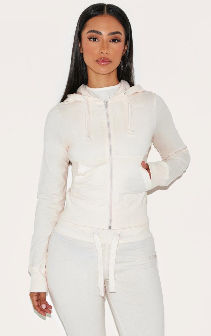Pretty Little Thing Petite Cream Zip Up Fitted Track Top