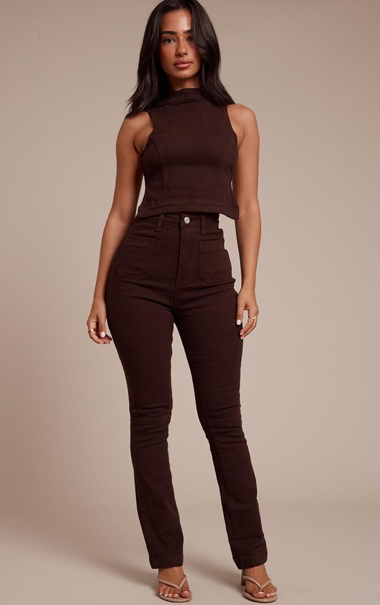 Pretty Little Thing Petite Dark Chocolate Denim Backless Top