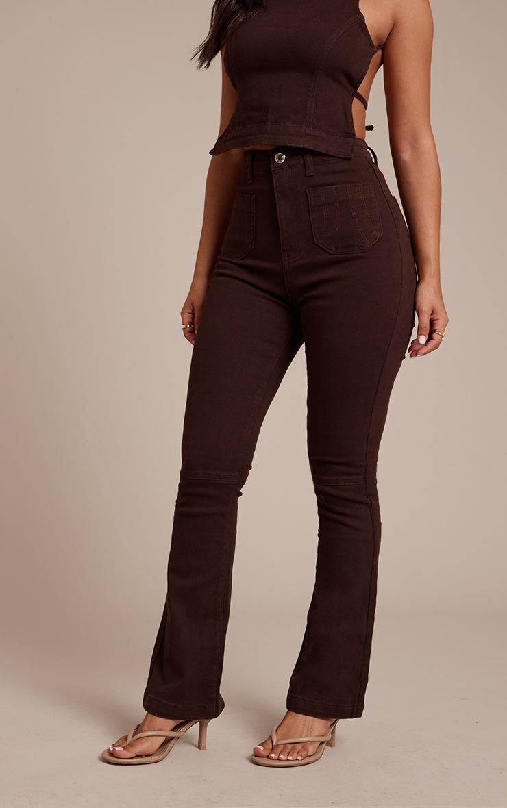 Pretty Little Thing Petite Dark Chocolate Denim Fitted Flared Jeans