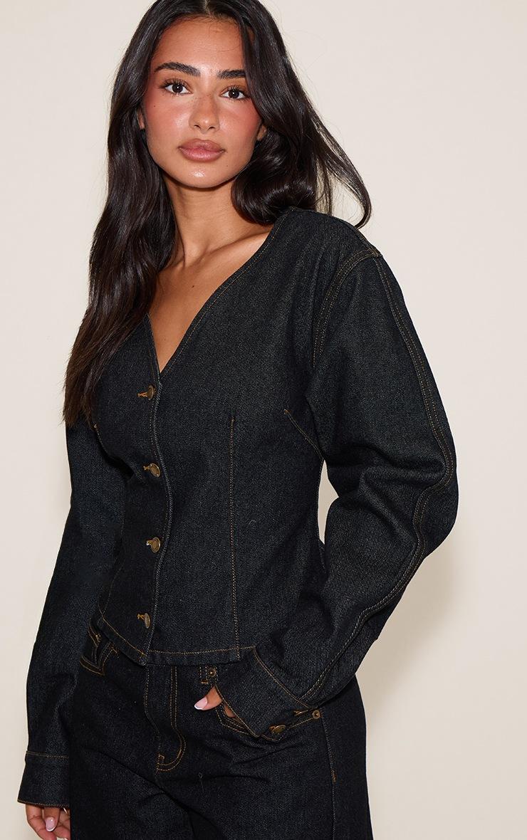 Pretty Little Thing Petite Dark Indigo Gold Button Up Cocoon Sleeve Denim Jacket