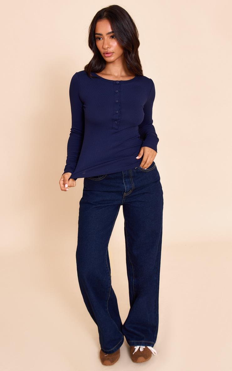 Pretty Little Thing Petite Dark Indigo Soft Rib Button Up Fitted Long Sleeve Top