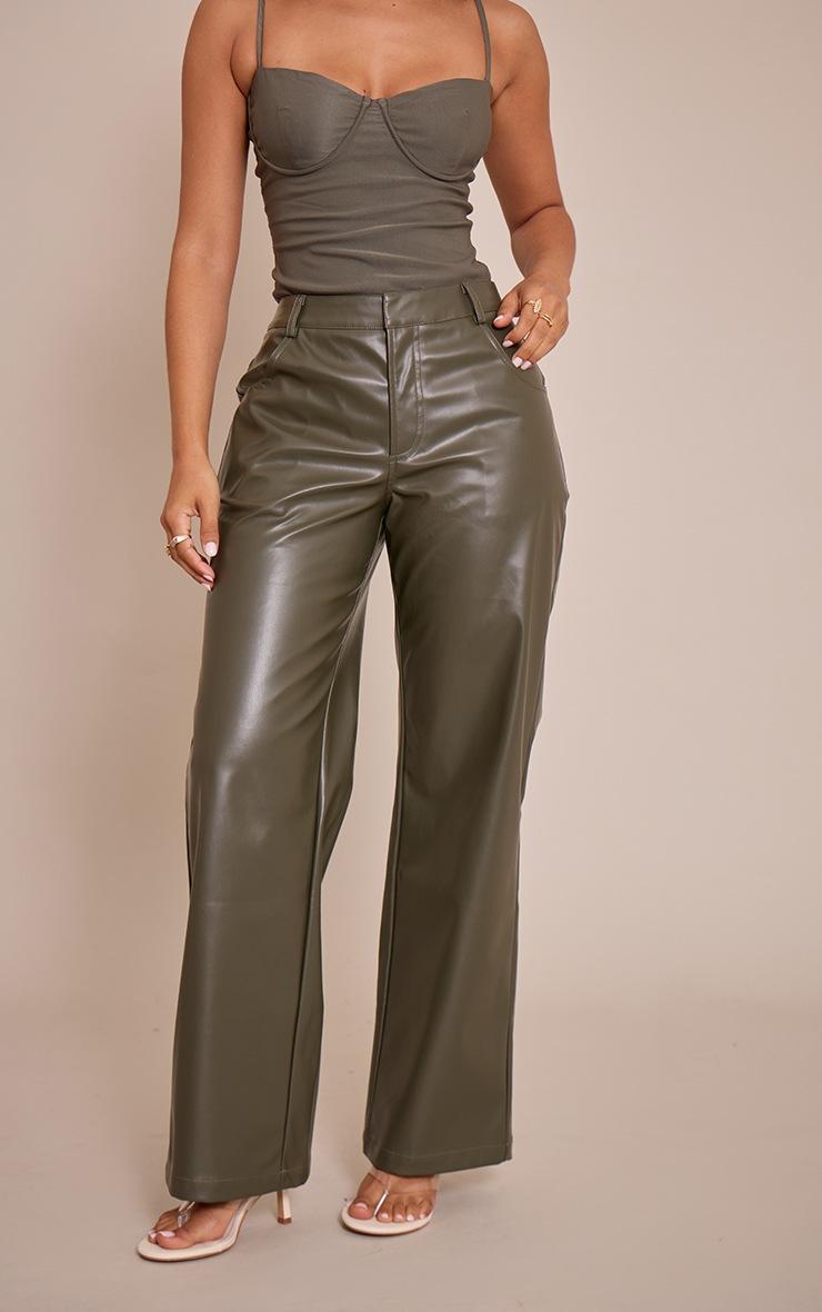 Pretty Little Thing Petite Dark Olive Faux Leather Straight Leg Pants