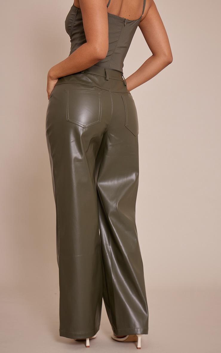 Pretty Little Thing Petite Dark Olive Faux Leather Straight Leg Pants