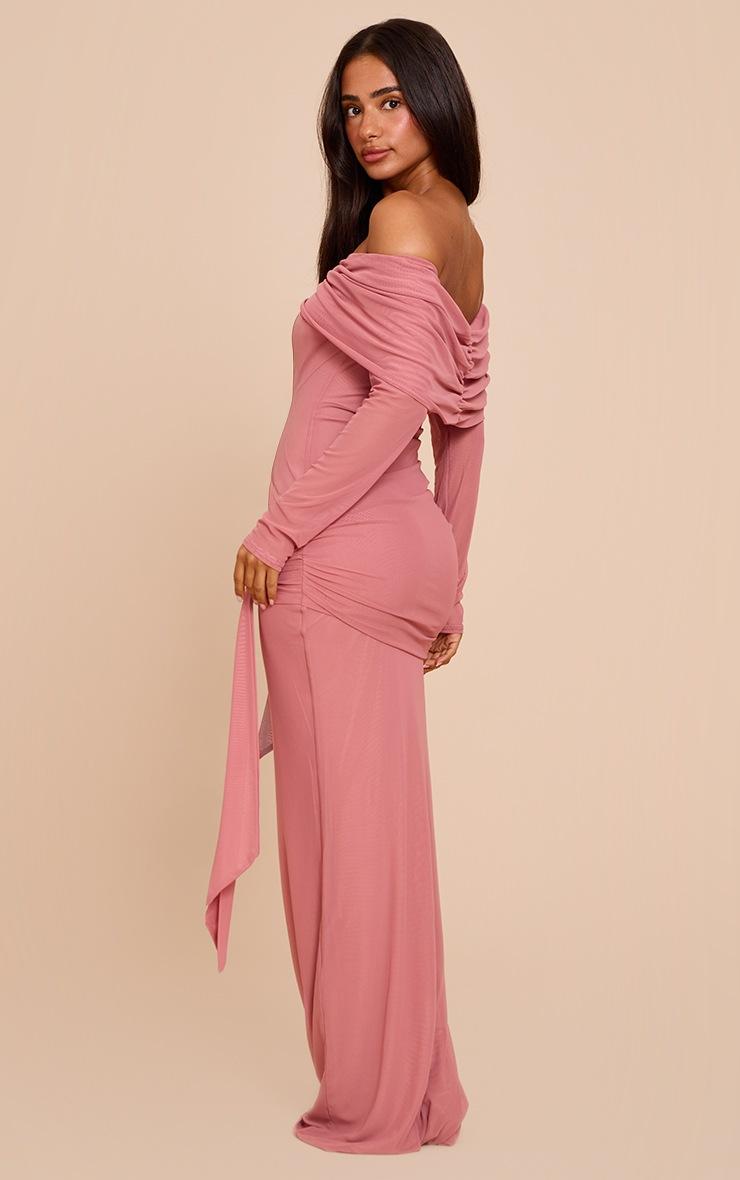 Pretty Little Thing Petite Deep Pink Asymmetric Long Sleeve Bardot Maxi Dress