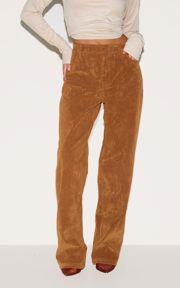 Pretty Little Thing Petite Deep Tan Faux Suede Mid Rise Straight Leg Pants