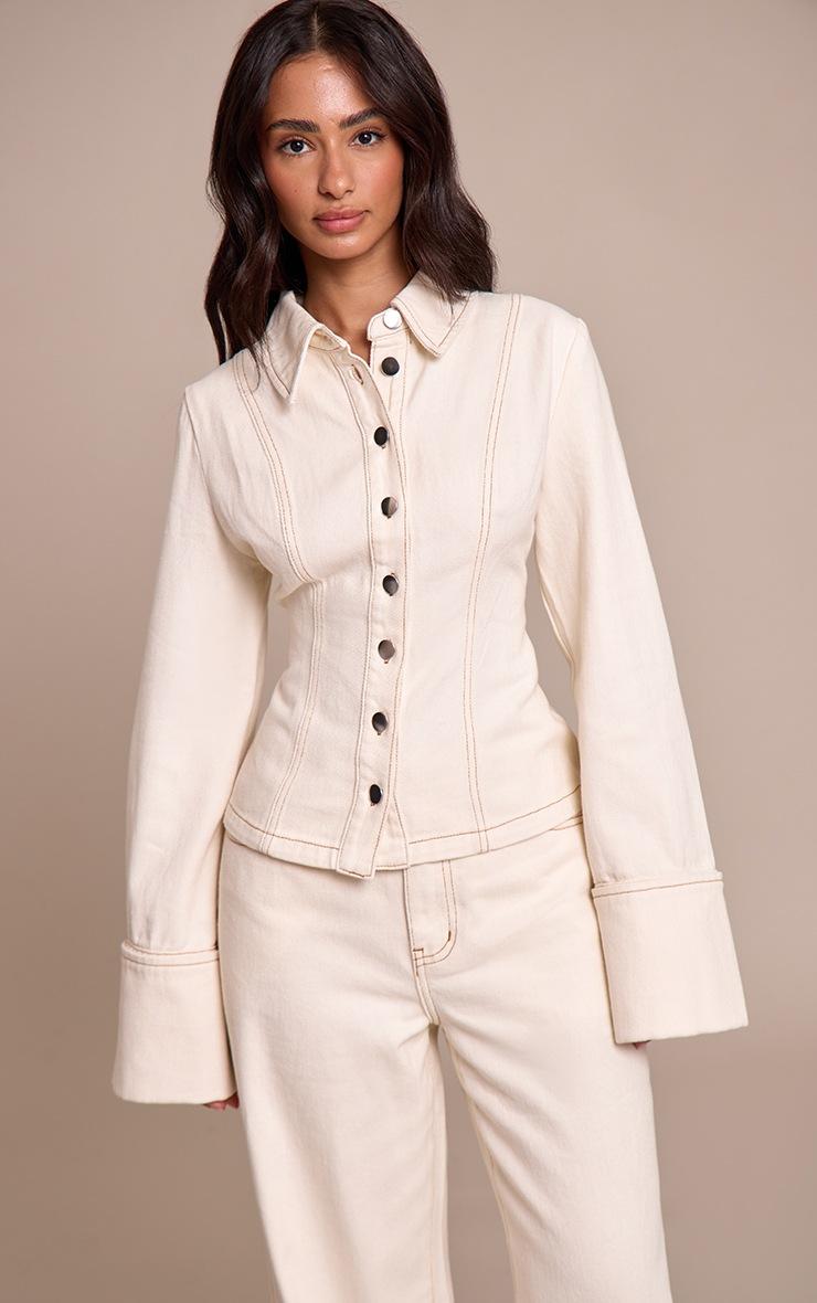 Pretty Little Thing Petite Ecru Contrast Stitch Long Sleeve Fitted Denim Shirt