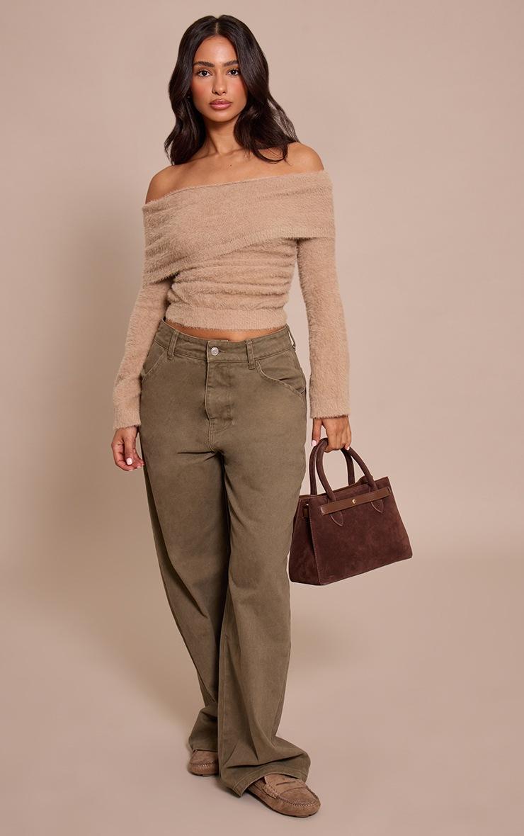 Pretty Little Thing Petite Fluffy Beige Bardot Knitted Sweater