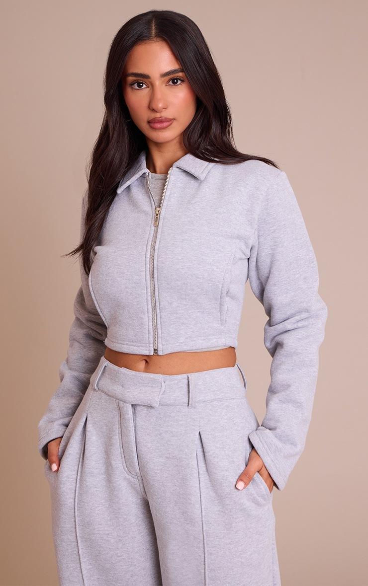 Pretty Little Thing Petite Grey Marl Cropped Zip Through Collared Sweatshirt