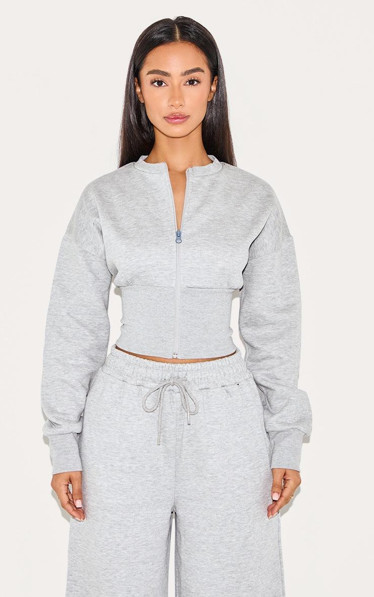 Pretty Little Thing Petite Grey Marl Elasticated Hem Zip Up Sweatshirt
