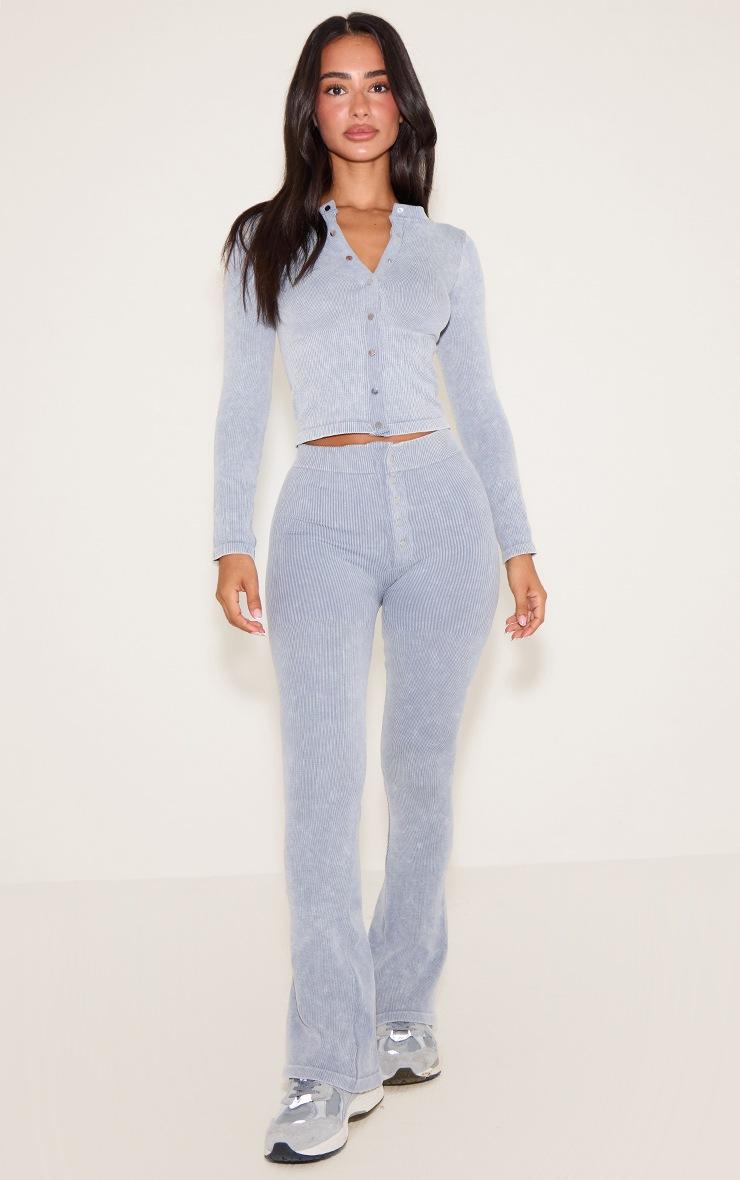 Pretty Little Thing Petite Grey Marl Faded Snatched Rib Long Sleeve Button Up Long Top