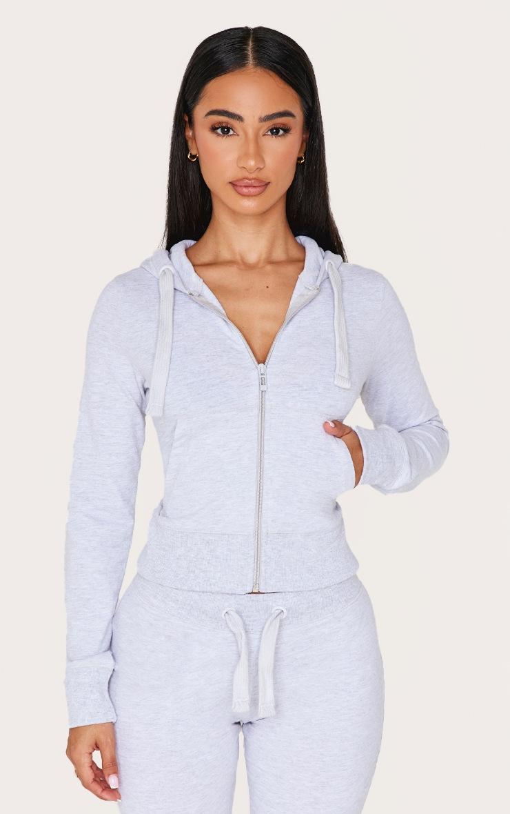 Pretty Little Thing Petite Grey Marl Zip Up Fitted Track Top