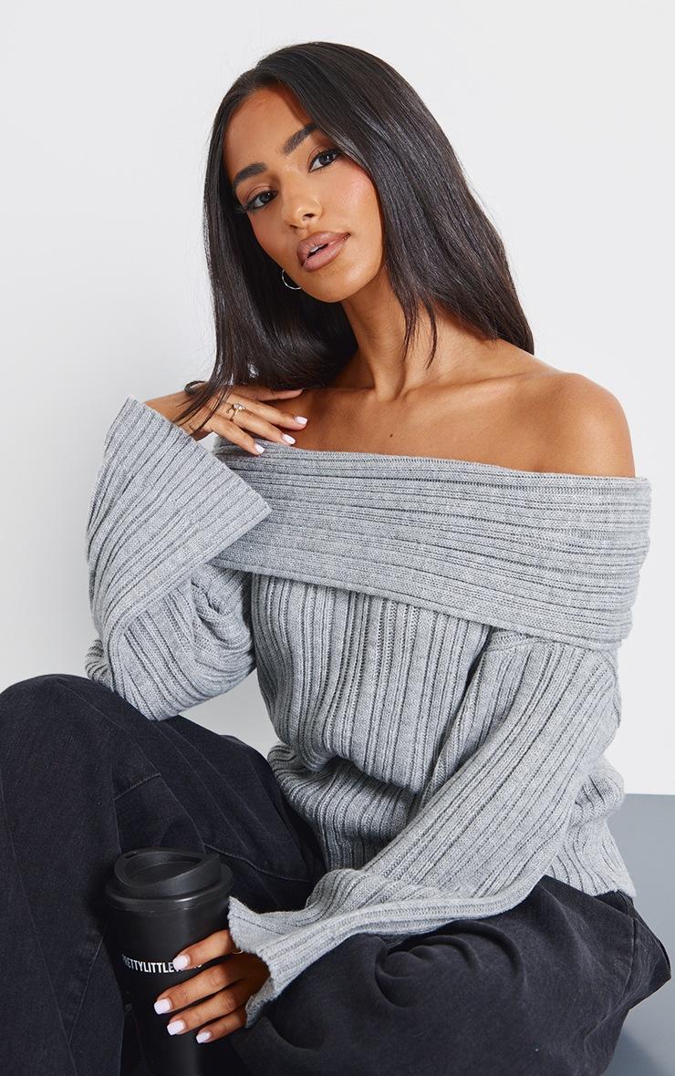 Pretty Little Thing Petite Grey Off The Shoulder Knit Sweater Pretty Little Thing Petite Grey Off The Shoulder Knit Sweater