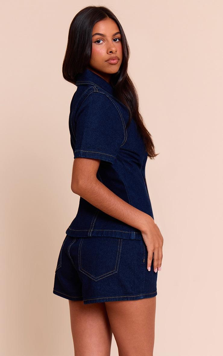 Pretty Little Thing Petite Indigo Denim Button Up Short Sleeve Shirt