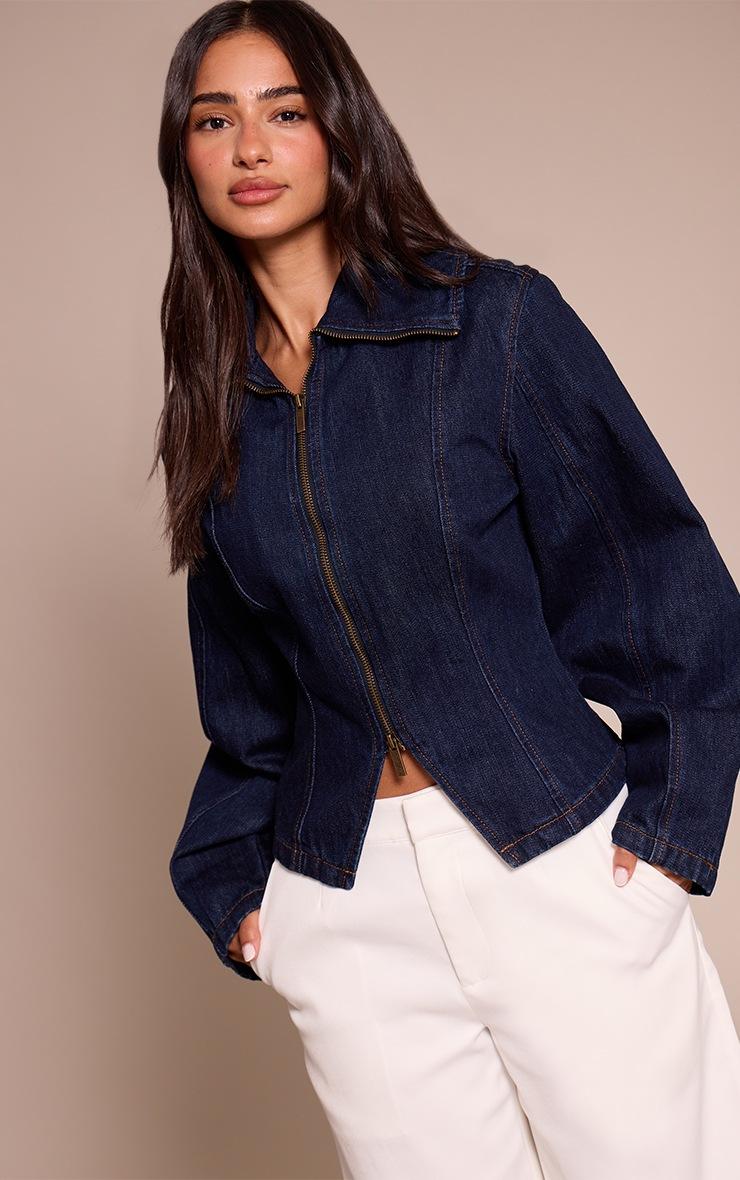 Pretty Little Thing Petite Indigo Sailor Collar Double Ended Zip Cinch Jacket