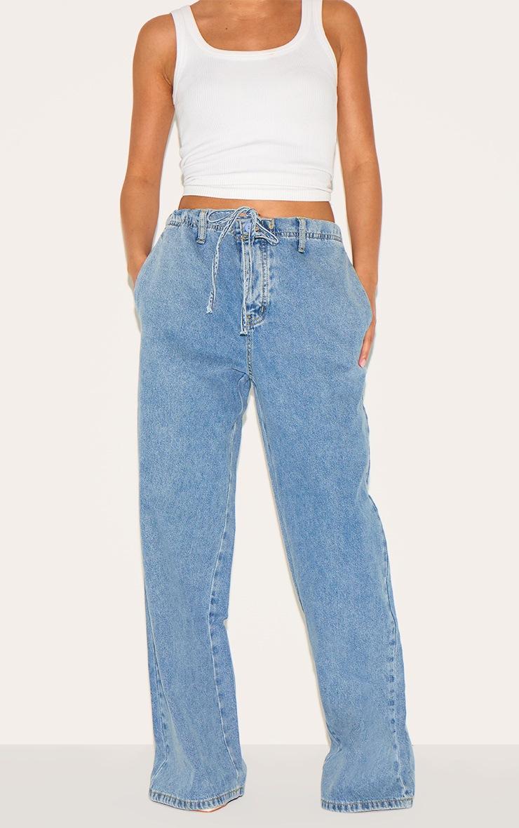 Pretty Little Thing Petite Light Blue Denim Relaxed Drawstring Wide Leg Jeans