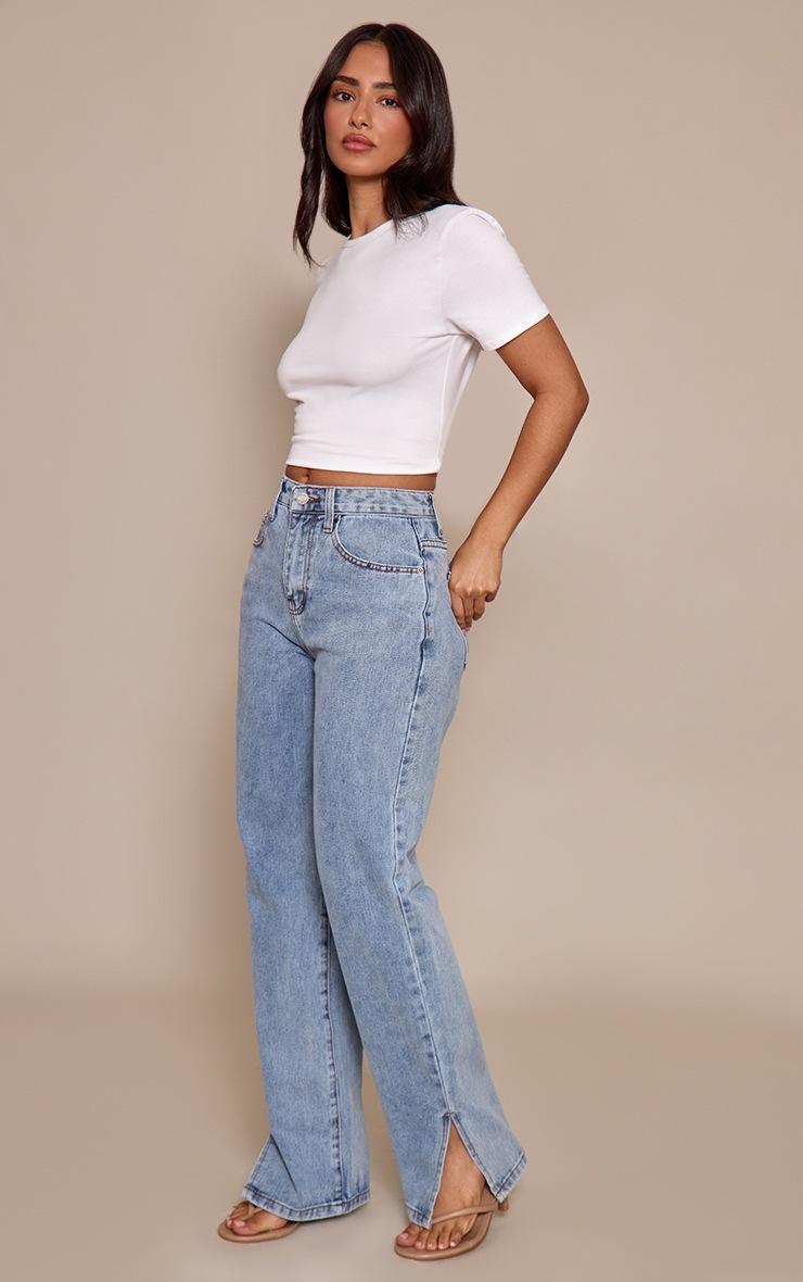 Pretty Little Thing Petite Light Blue Split Hem Jean