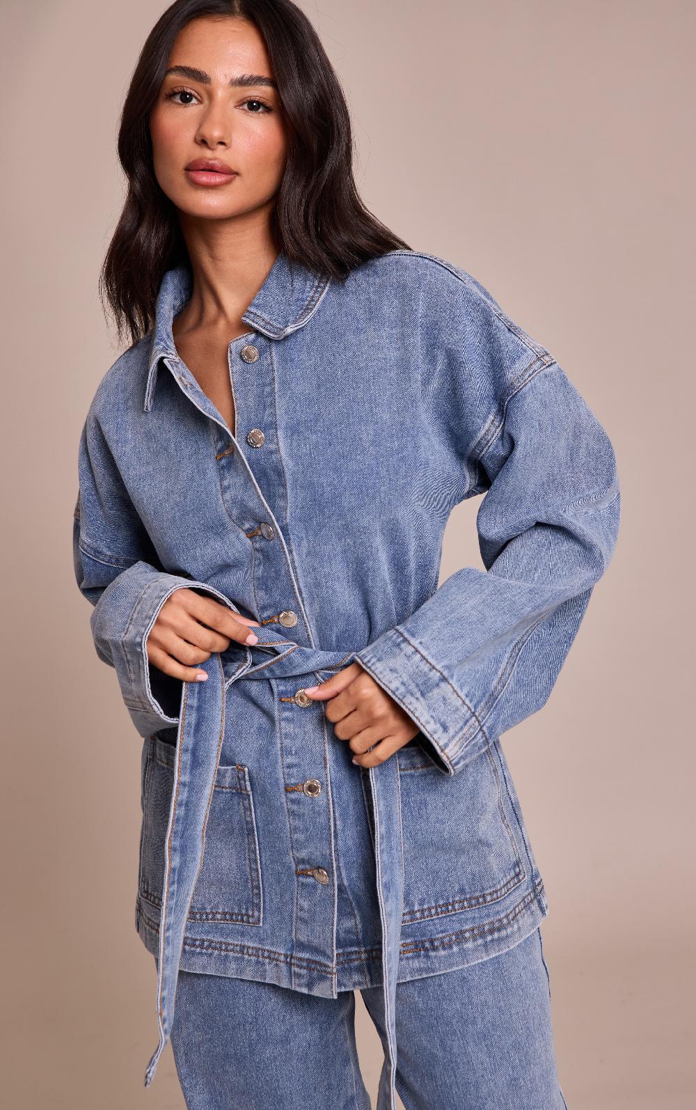 Pretty Little Thing Petite Mid Blue Tie Waist Utility Denim Jacket