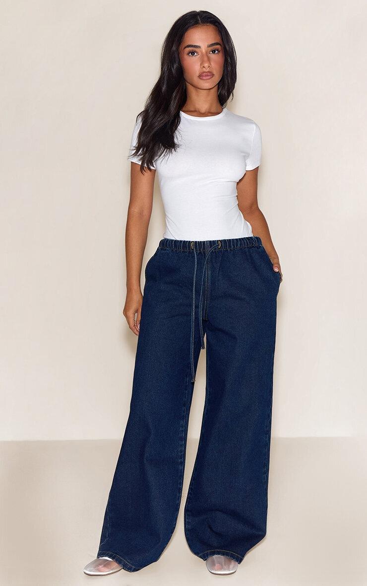 Pretty Little Thing Petite Mid Blue Wash Elasticated Tie Waist Wide Leg Jeans