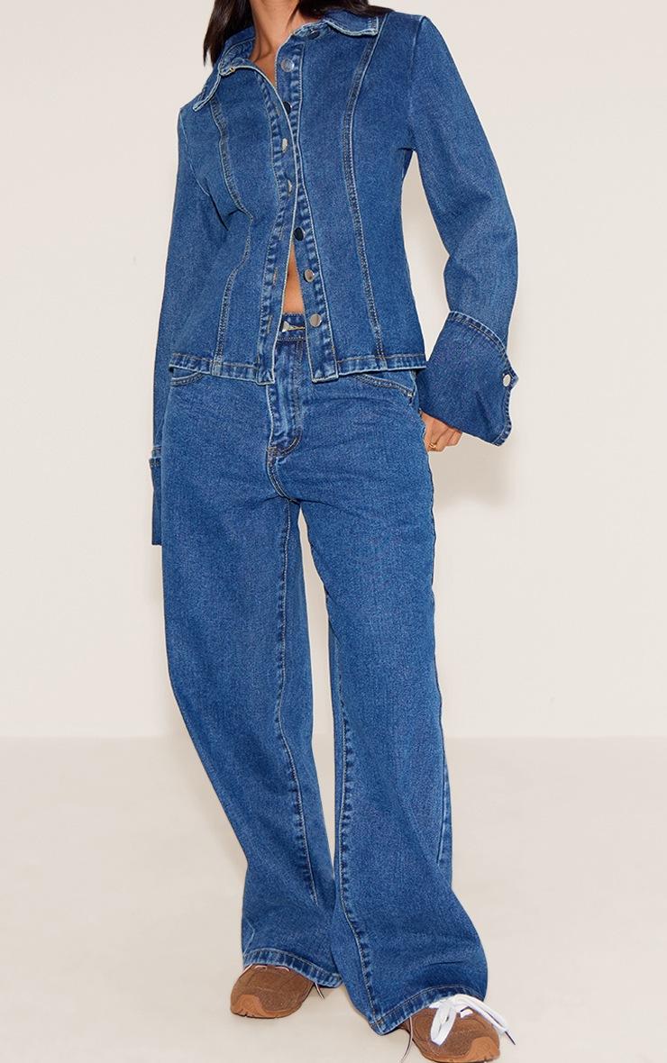 Pretty Little Thing Petite Mid Blue Wash Straight Leg Mid Rise Jean