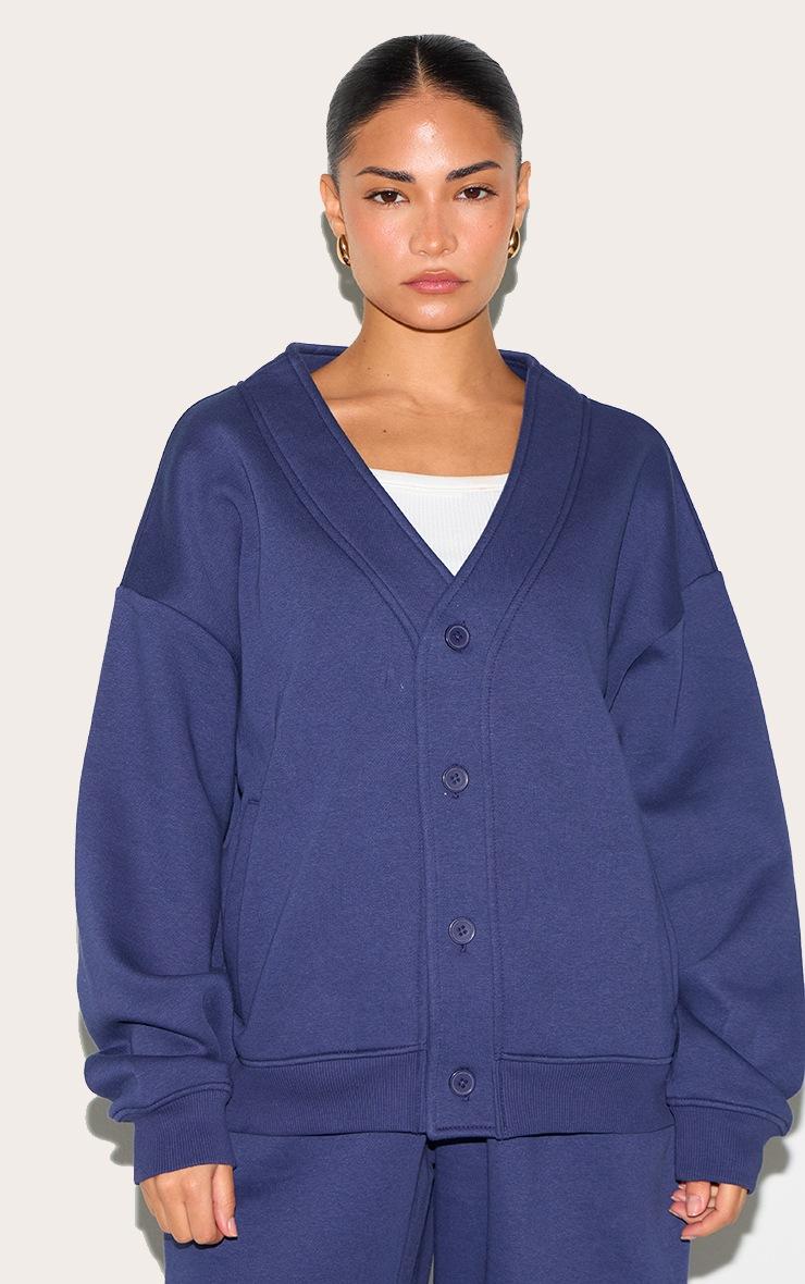 Pretty Little Thing Petite Navy Button Up Side Pocket Sweatshirt