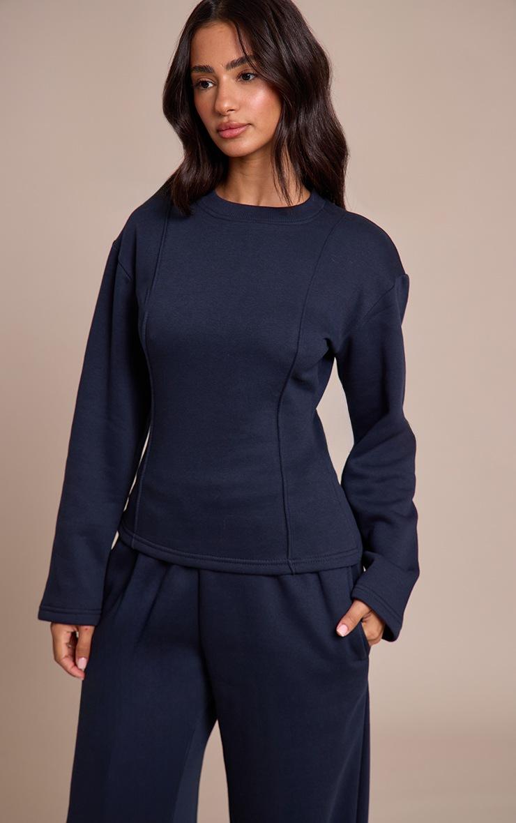 Pretty Little Thing Petite Navy Long Sleeve Waist Cinched Sweatshirt