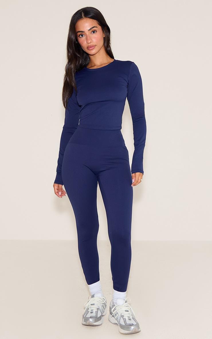 Pretty Little Thing Petite Navy Sculpt Longline Short Sleeve Gym Top
