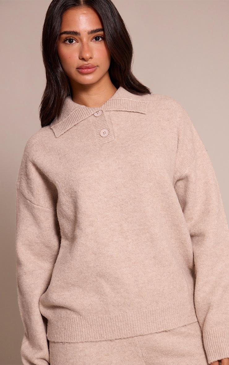 Pretty Little Thing Petite Oatmeal Collared Button Up Knitted Sweater