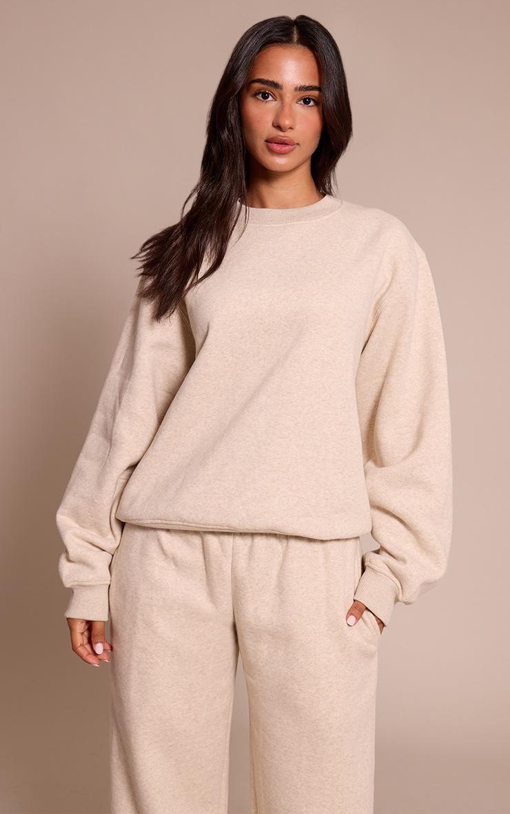 Pretty Little Thing Petite Oatmeal Cotton Fleece Oversized Crew Sweatshirt