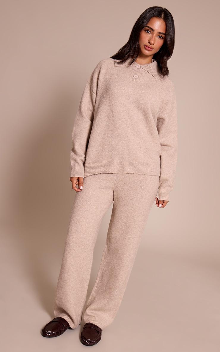 Pretty Little Thing Petite Oatmeal Ribbed Waist Knitted Wide Leg Pants