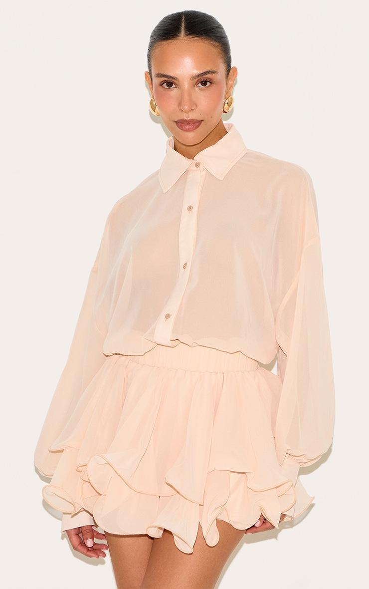 Pretty Little Thing Petite Peach Chiffon Long Sleeve Romper