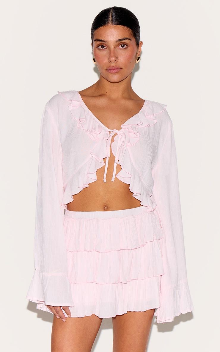 Pretty Little Thing Petite Pink Cheesecloth Ruffle Tie Front Long Sleeve Top