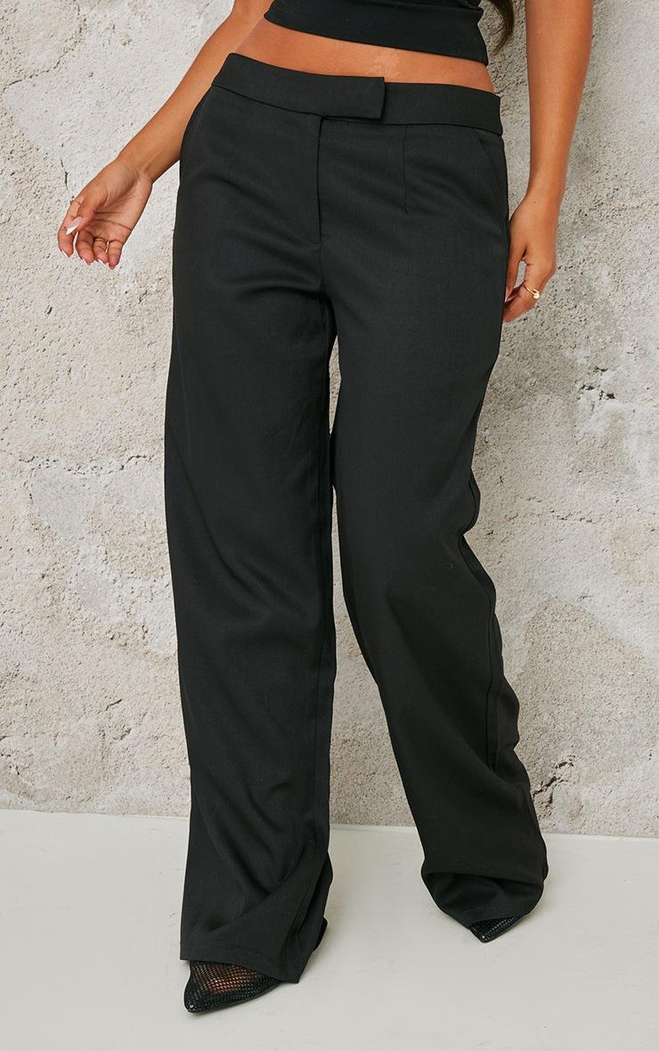 Pretty Little Thing Petite Premium Black Woven Low Rise Wide Leg Pants