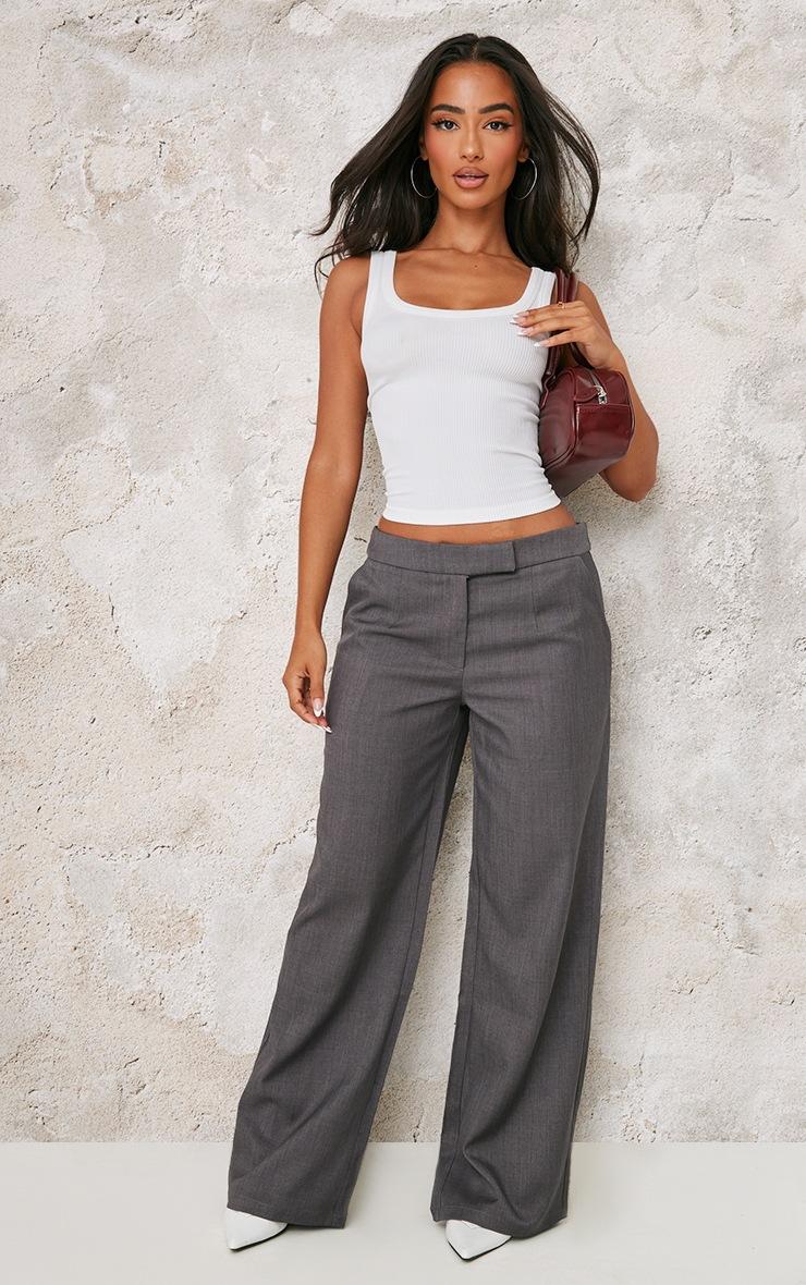 Pretty Little Thing Petite Premium Grey Woven Low Rise Wide Leg Pants